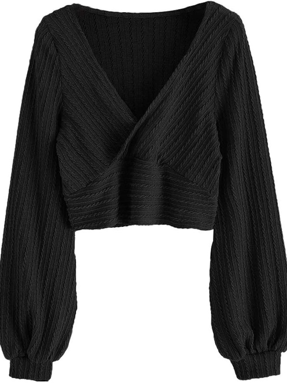 ZAFUL Black Ribbed Long Sleeve Wrap Crop Top - Size S